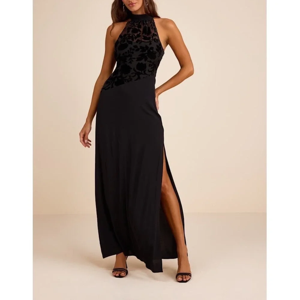 NWT Lulus Lovella Black Velvet Burnout Chiffon Maxi Dress XL